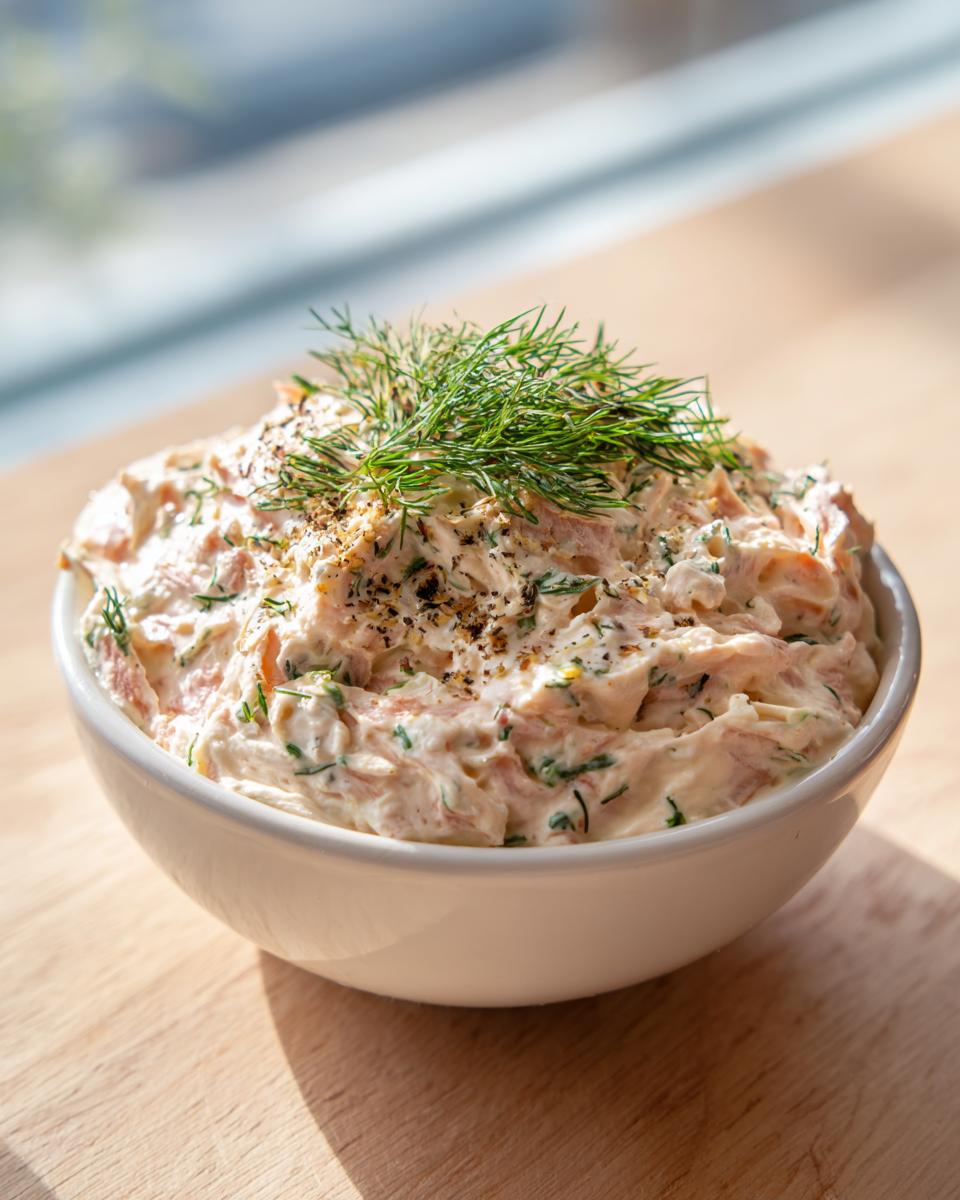 A white bowl filled with creamy smoked salmon dip, topped with fresh dill and cracked pepper.
