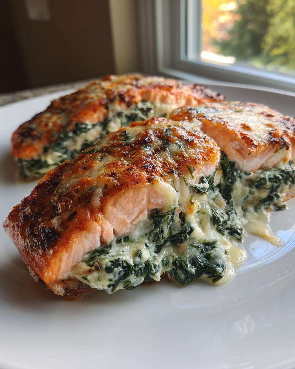 Two portions of baked stuffed salmon, overflowing with creamy spinach filling and topped with melted, browned cheese.