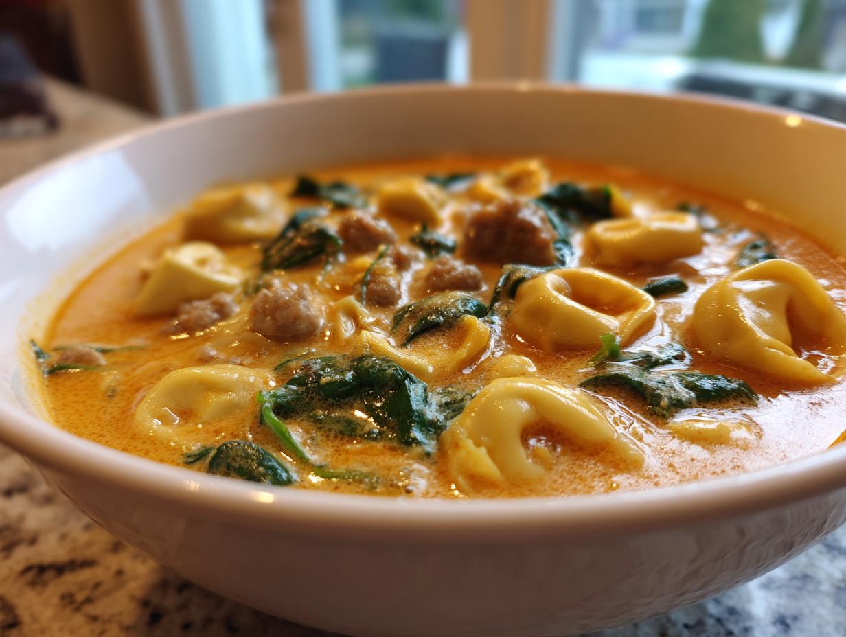 Close-up of a white bowl filled with creamy, orange-hued tortellini soup featuring pasta, spinach, and sausage.