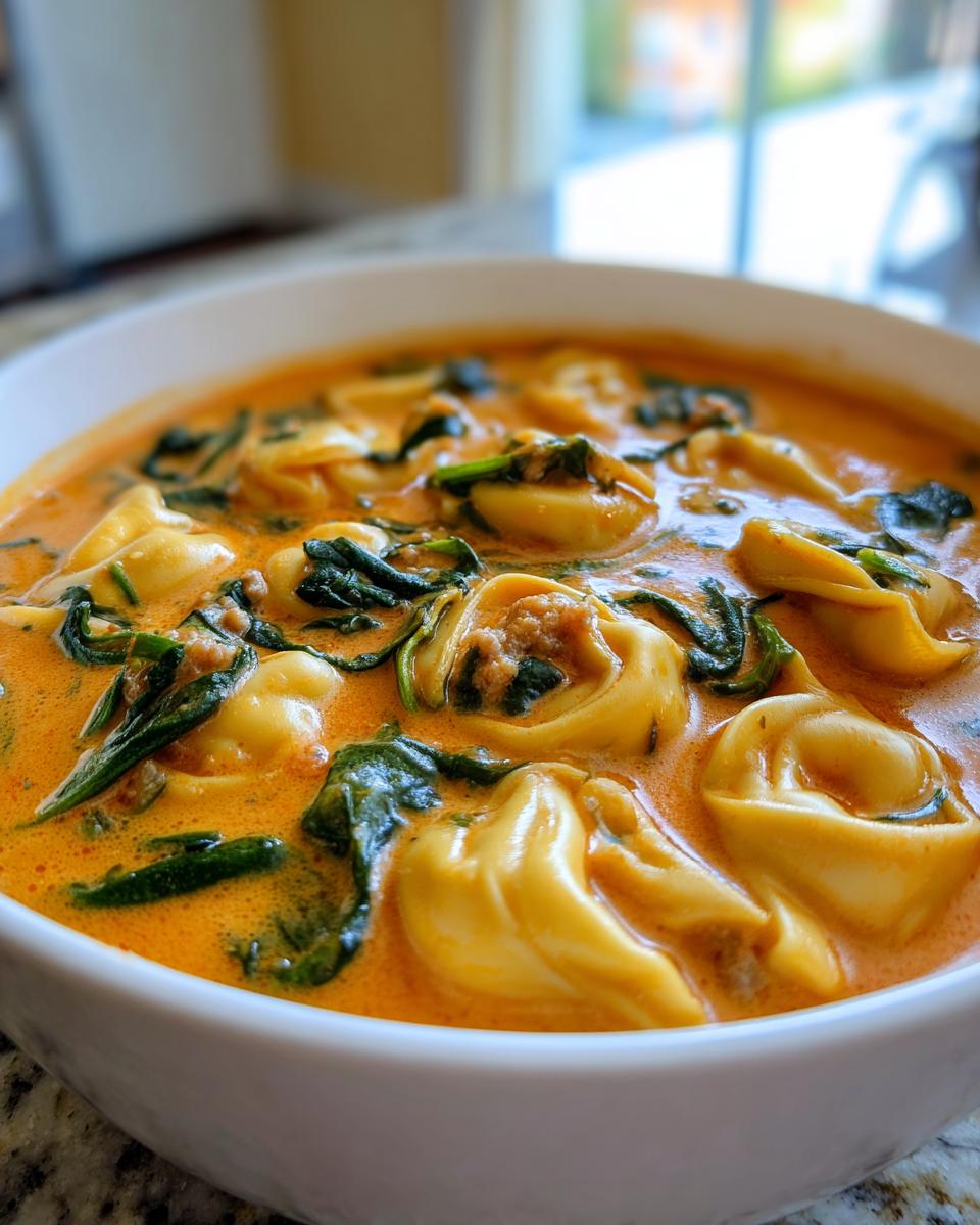 Close-up of a white bowl filled with rich, creamy tortellini soup featuring cheese tortellini, spinach, and ground meat.
