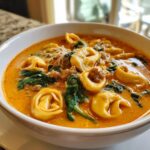 Close-up of a white bowl filled with creamy, orange-hued tortellini soup featuring cheese tortellini, sausage crumbles, and wilted spinach.