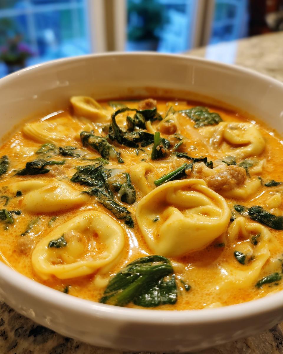 Close-up of a white bowl filled with creamy, orange-hued tortellini soup featuring cheese tortellini and wilted spinach.