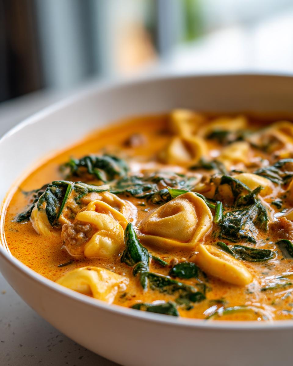 A close-up of a white bowl filled with creamy, orange-hued tortellini soup featuring cheese tortellini and wilted spinach.