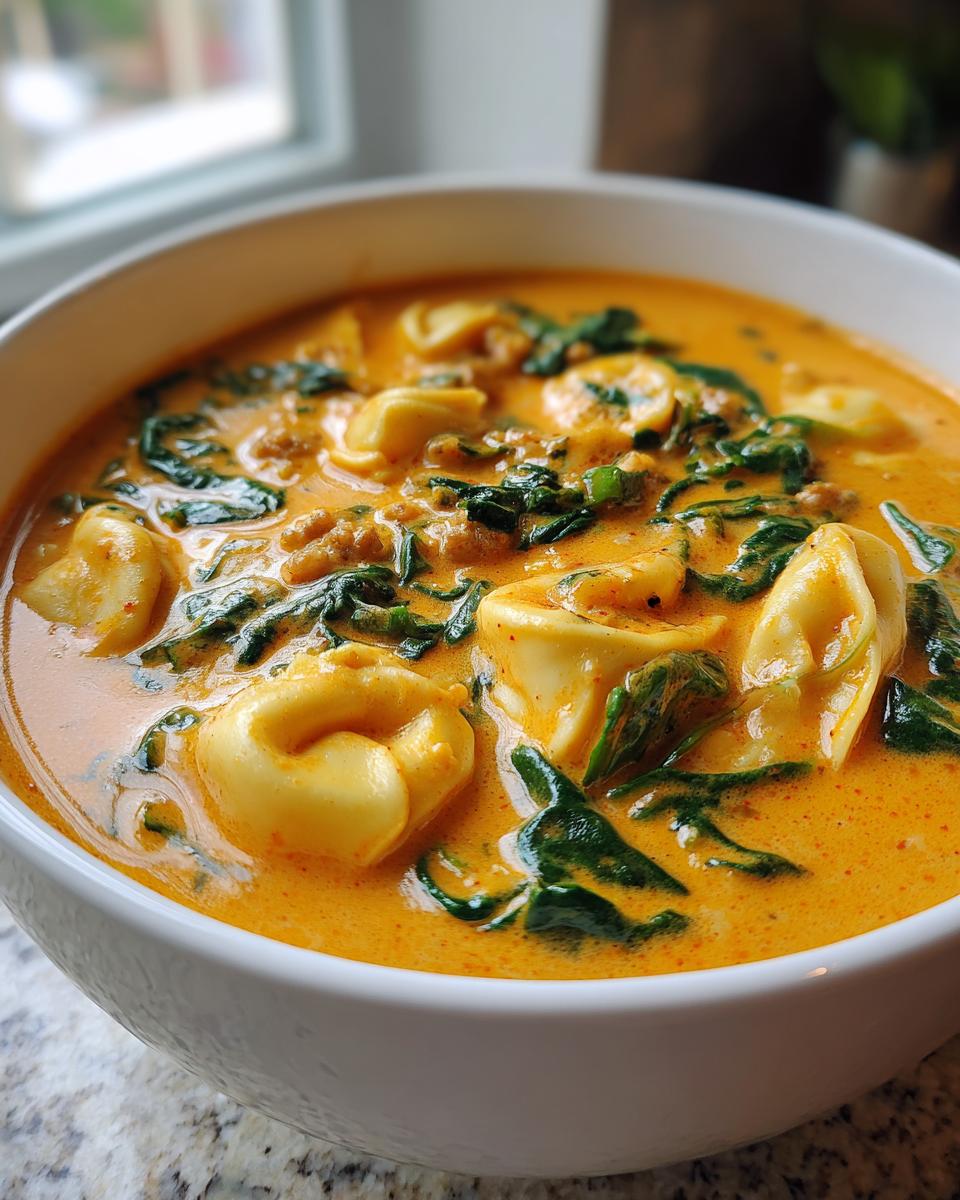 Close-up of a hearty bowl of creamy, orange-hued tortellini soup with wilted spinach and sausage.