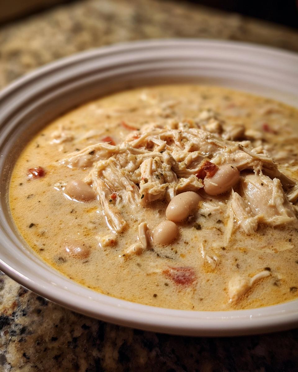 Close-up of a bowl filled with creamy white chicken chili, featuring shredded white chicken and cannellini beans.