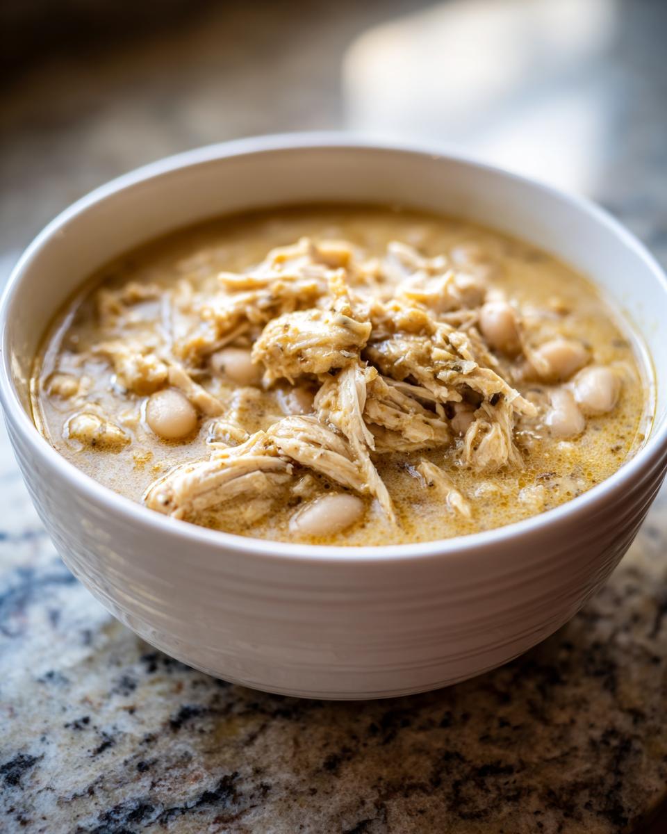 Close-up of a white bowl filled with creamy white chicken chili, featuring shredded white chicken and cannellini beans.