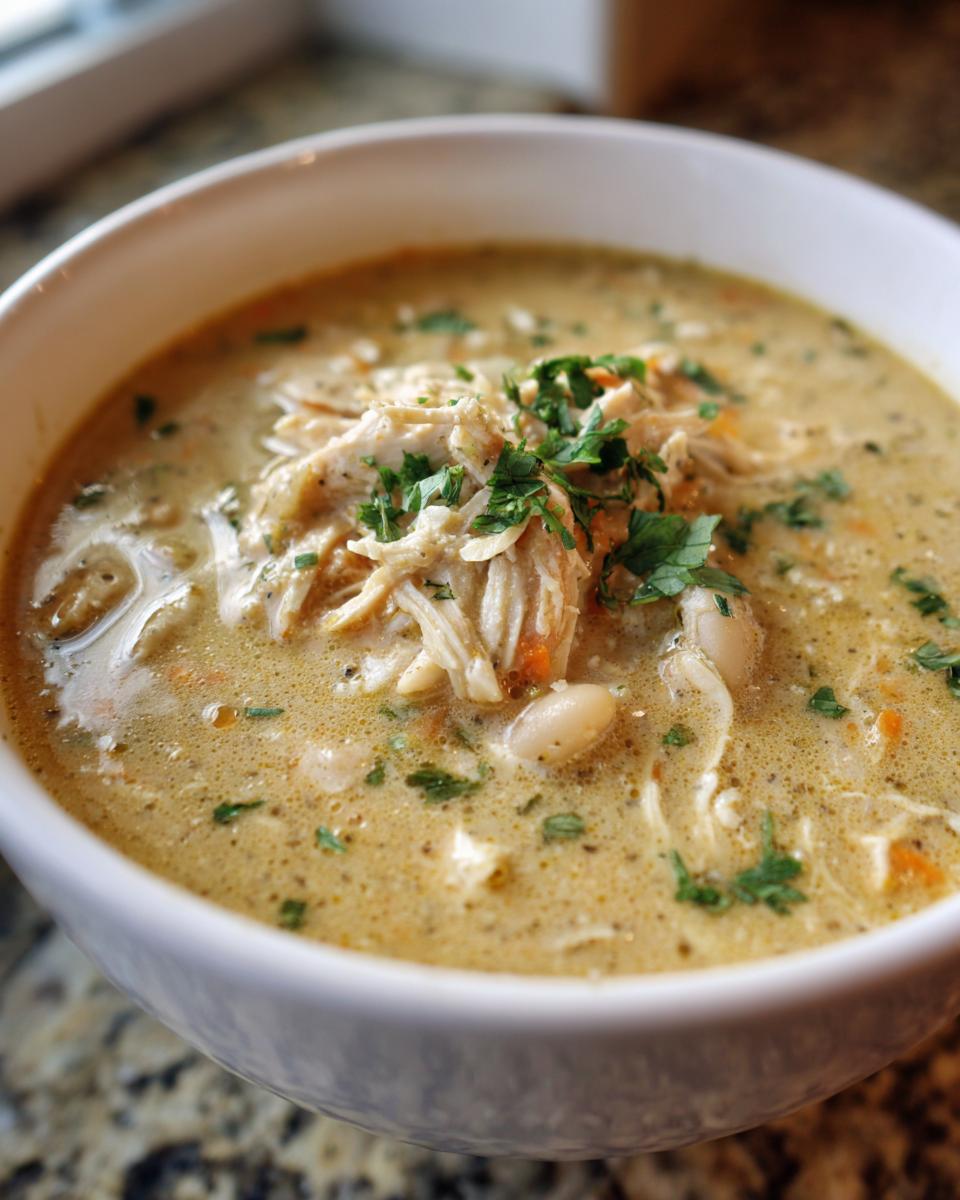 Close-up of a creamy bowl of white chicken chili topped with shredded white chicken and fresh parsley.