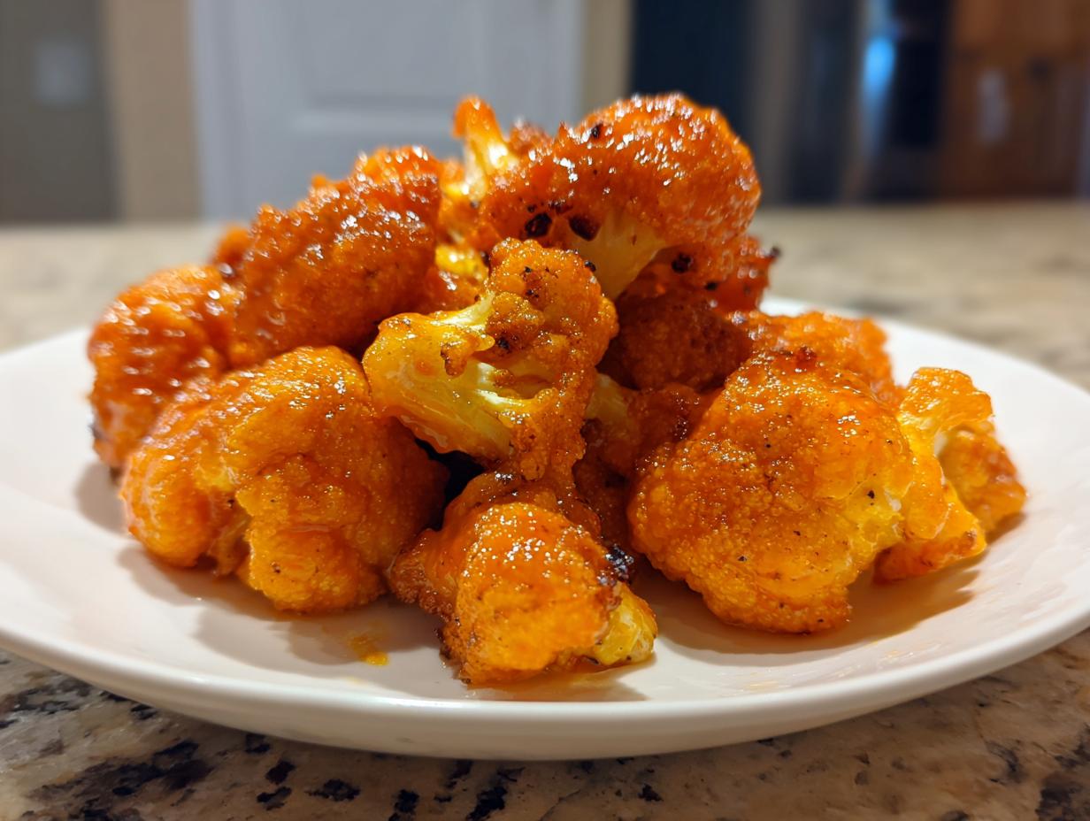 Close-up of crispy, orange-glazed buffalo cauliflower bites piled on a white plate.