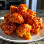 A close-up of crispy, sauce-coated buffalo cauliflower bites piled high on a white plate.