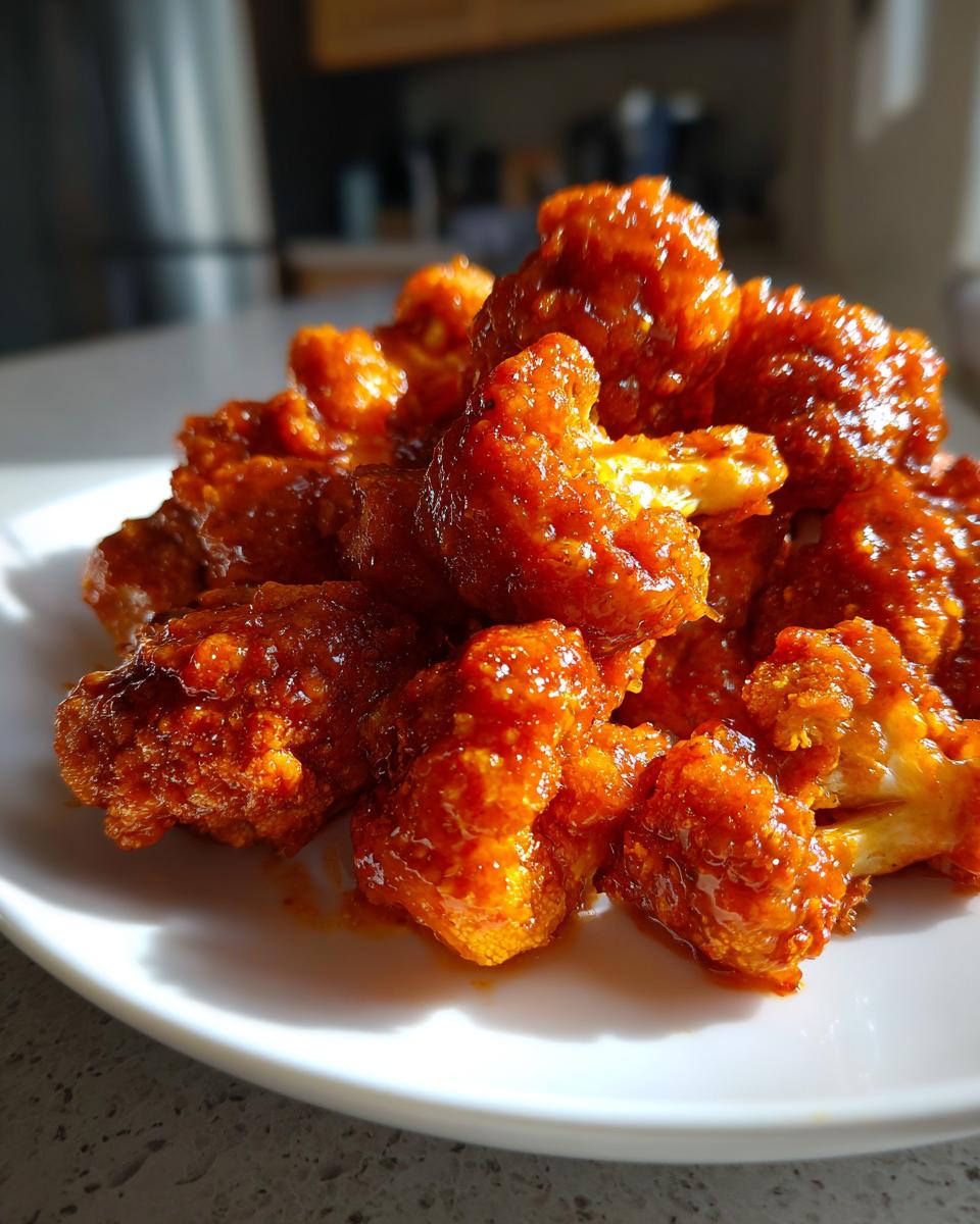 Close-up of crispy, saucy buffalo cauliflower bites piled high on a white plate.