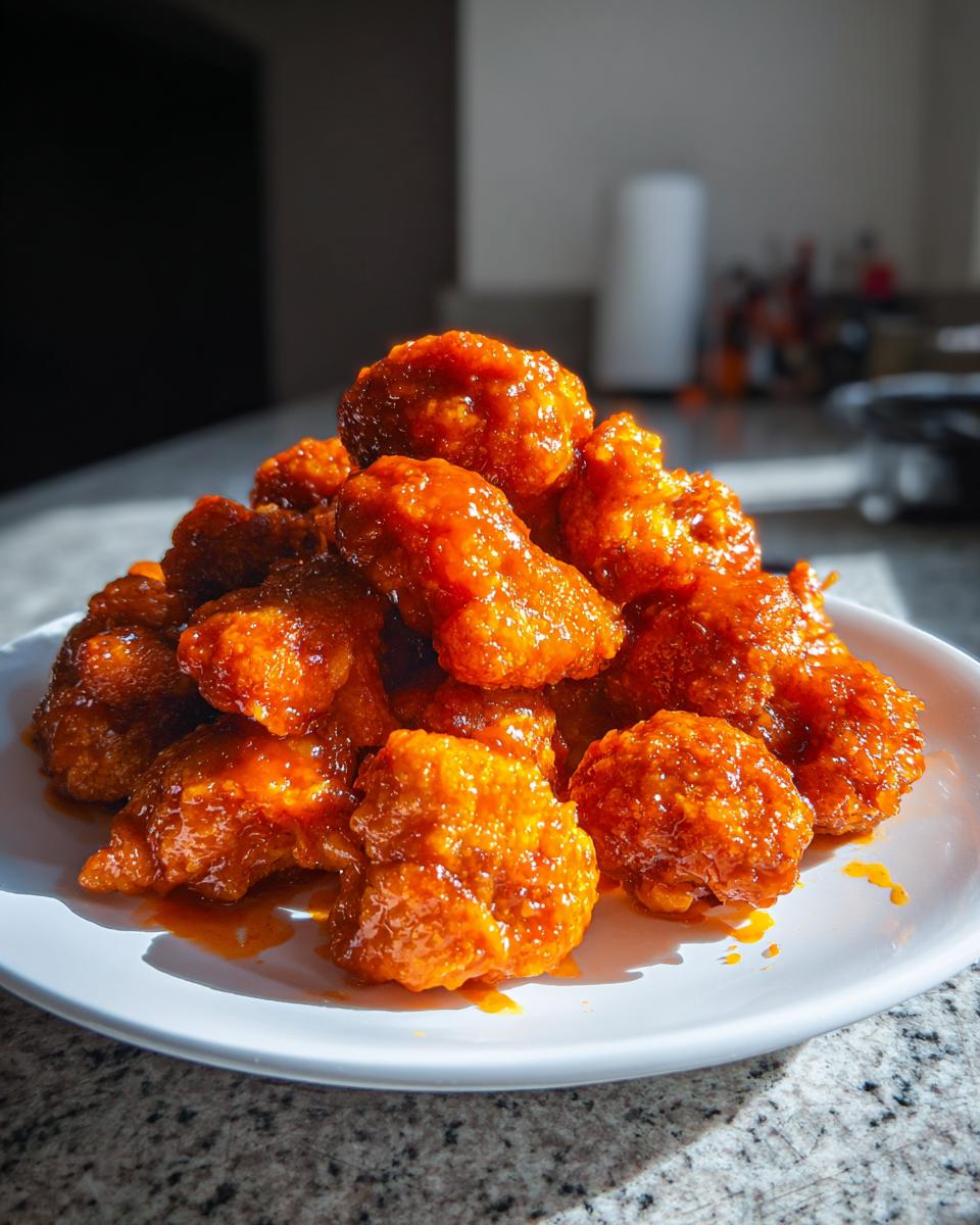 A mound of crispy, saucy buffalo cauliflower bites piled high on a white plate, glistening under bright light.