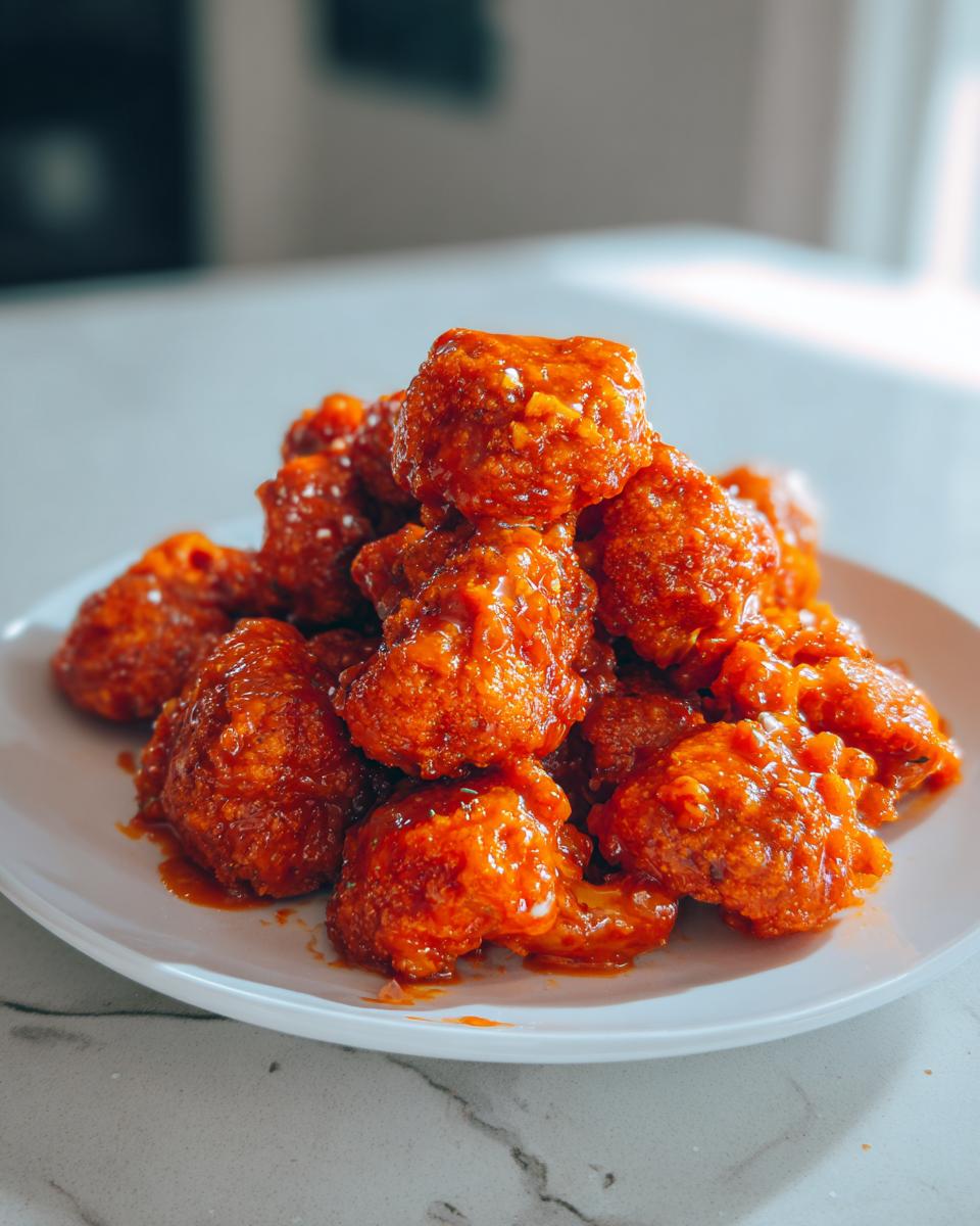 A close-up of crispy, saucy buffalo cauliflower bites stacked high on a white plate.