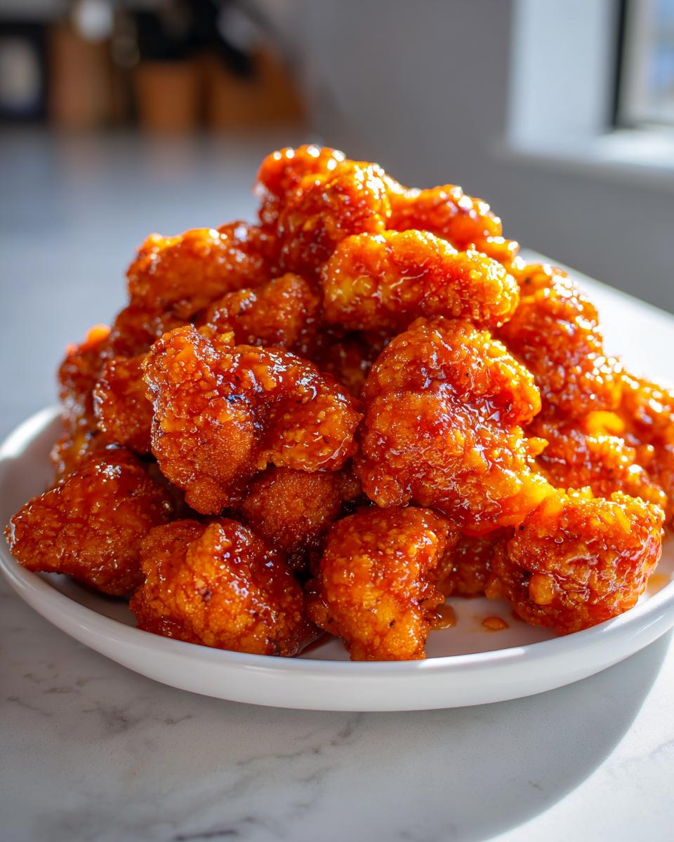 A close-up shot of a mound of crispy, glazed buffalo cauliflower bites served on a white plate.