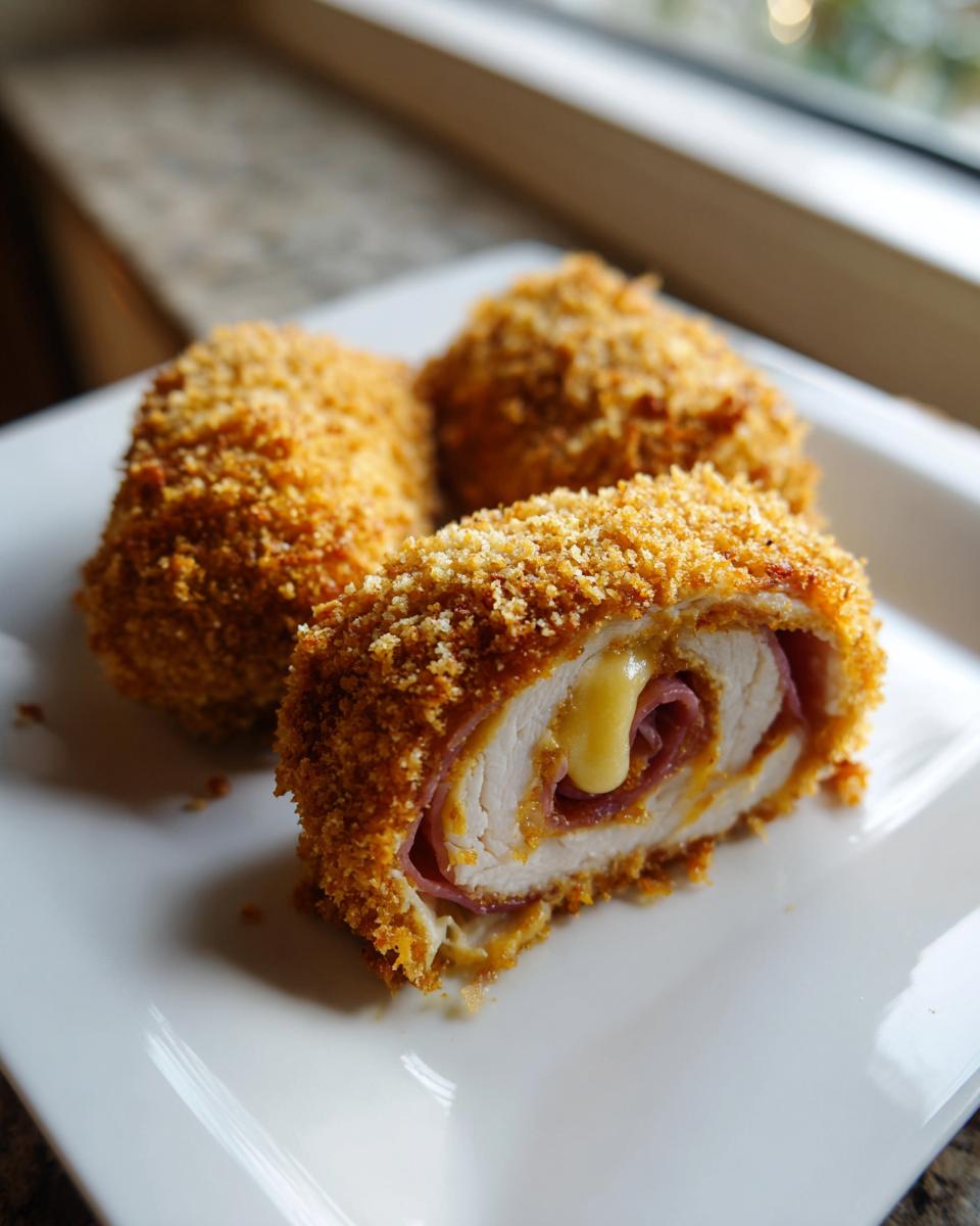 A close-up of a sliced chicken cordon bleu showing the crispy breading, ham, and oozing melted cheese inside the chicken breast.