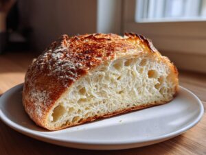 A close-up cross-section of homemade artisan bread showing a beautiful open crumb structure and a dark, crispy crust.