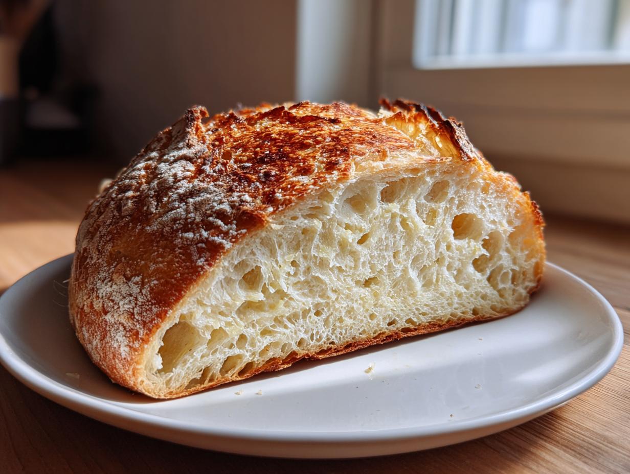 A close-up cross-section of homemade artisan bread showing a beautiful open crumb structure and a dark, crispy crust.