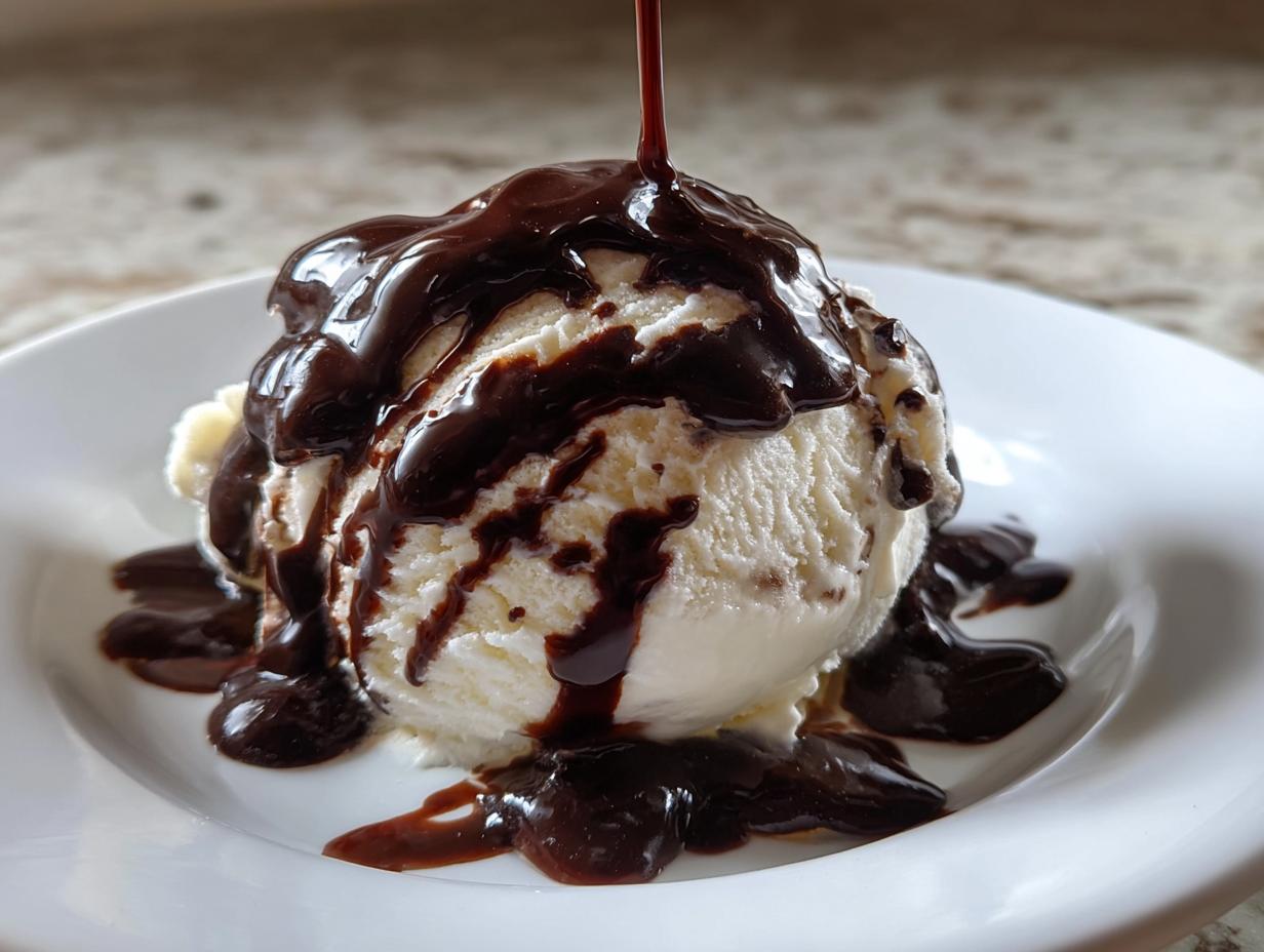 A scoop of vanilla ice cream being drenched in thick, homemade chocolate syrup.