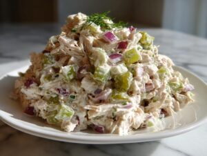 A mound of creamy dill pickle chicken salad featuring shredded chicken, chopped pickles, and red onion, garnished with fresh dill.