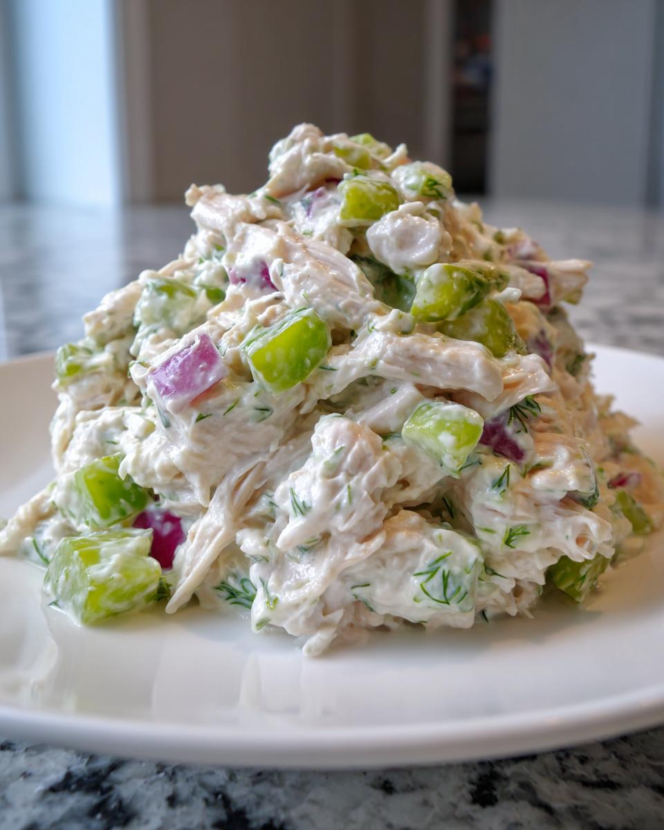 A mound of creamy dill pickle chicken salad featuring shredded chicken, green grapes, red onion, and fresh dill.