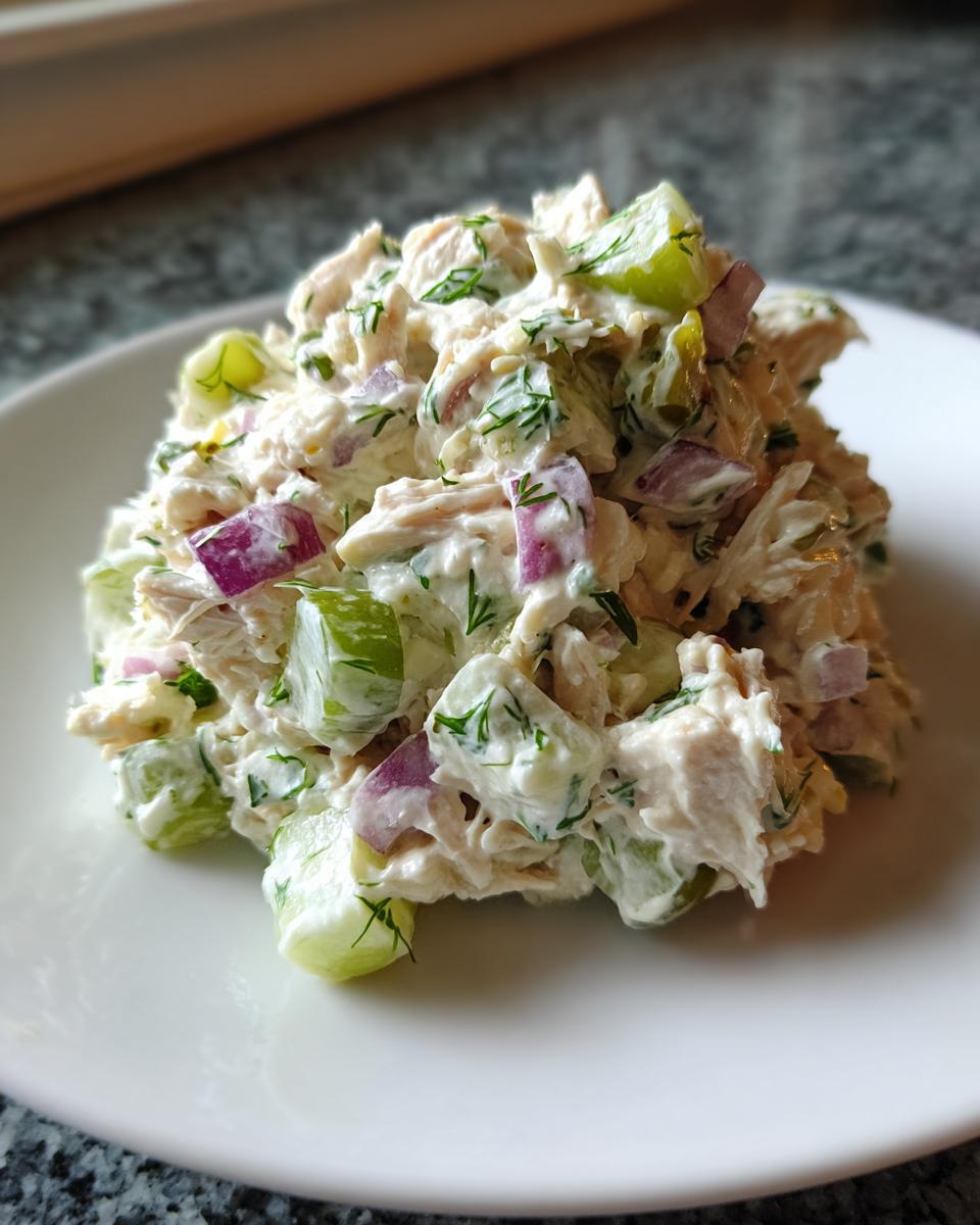A close-up mound of creamy dill pickle chicken salad featuring shredded chicken, diced pickles, red onion, and fresh dill.