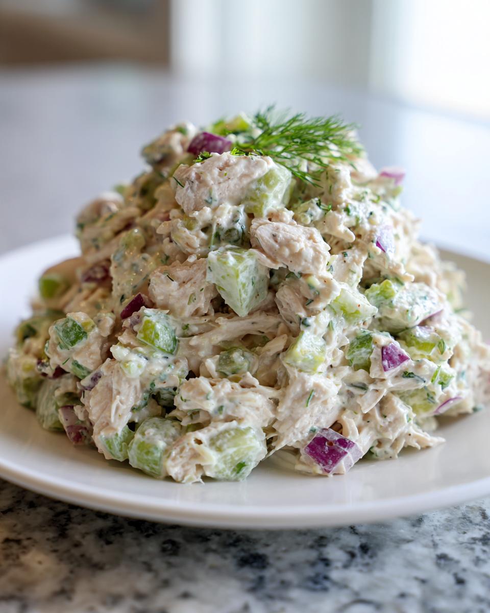 A generous serving of creamy dill pickle chicken salad piled high on a white plate, garnished with fresh dill.