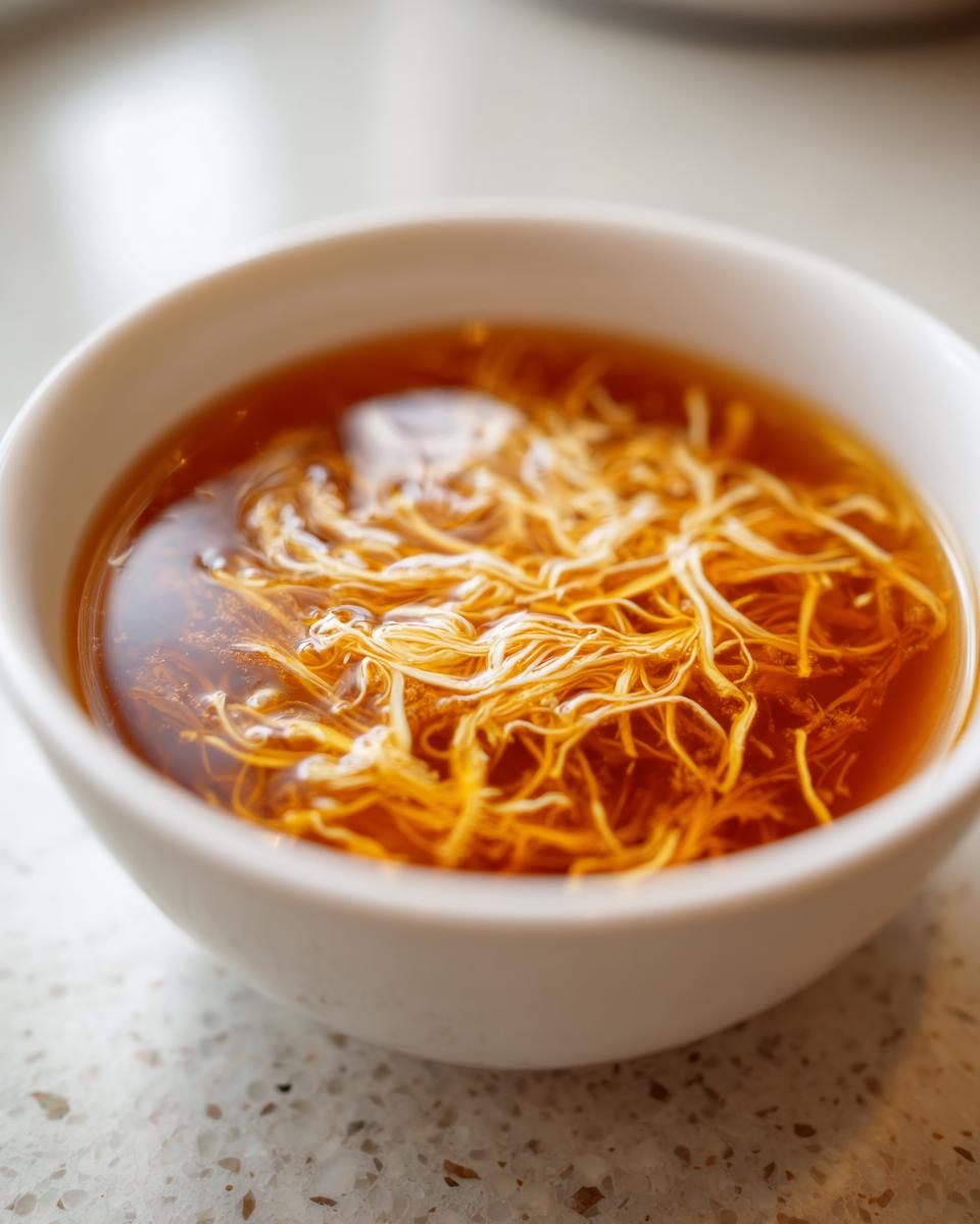Close-up of delicate strands of cooked egg in a bowl of savory broth, characteristic of egg drop soup.
