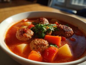 Close-up of a white bowl filled with rich, red albondigas soup featuring meatballs, carrots, and potatoes, garnished with cilantro.