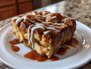 A close-up of a square slice of apple bread pudding topped with caramel and white icing drizzle.