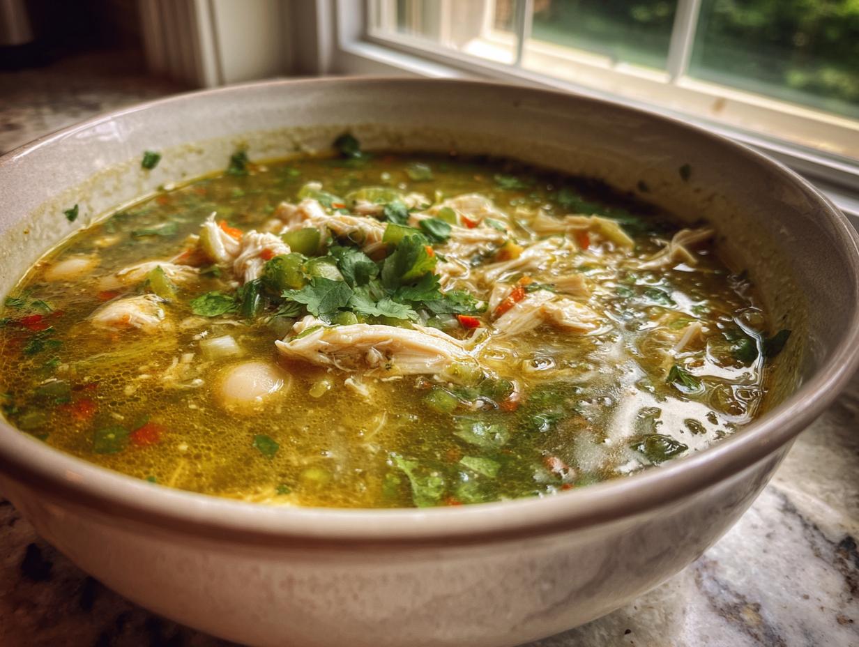 Close-up of a steaming bowl of green chicken pozole, featuring shredded chicken, hominy, and fresh cilantro garnish.