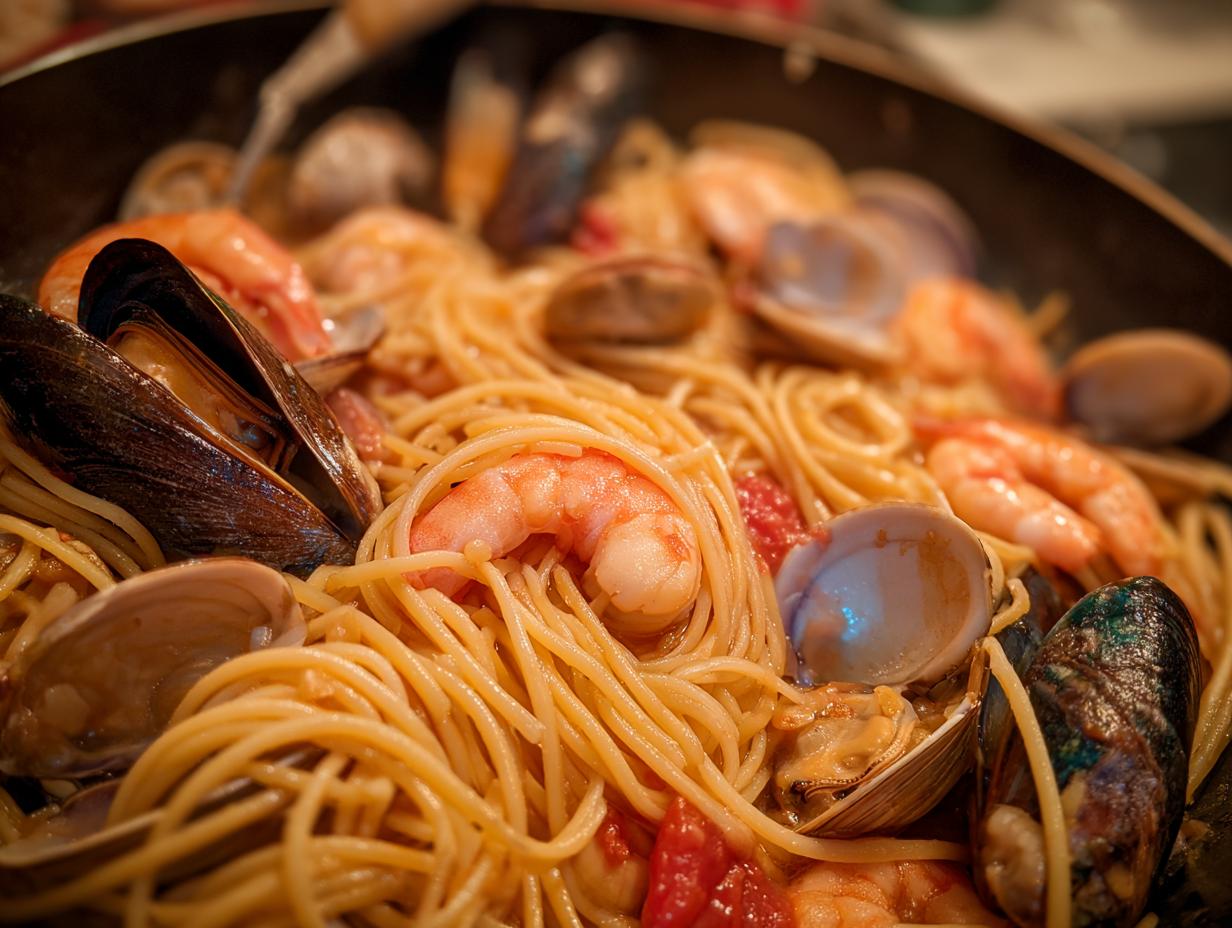 Close-up shot of steaming seafood pasta featuring spaghetti, pink shrimp, mussels, and clams in a light tomato sauce.