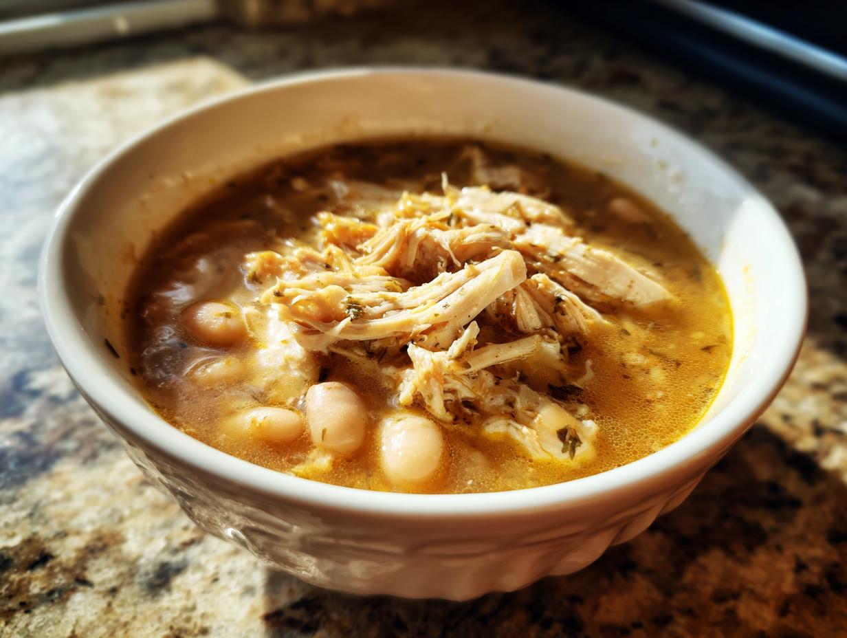 A close-up of a white bowl filled with hearty white chicken chili, featuring shredded white chicken and beans in a savory broth.