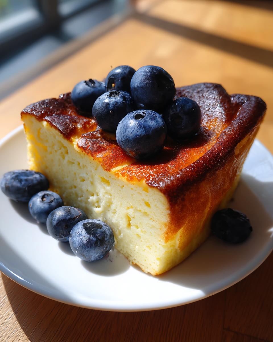 A thick, fluffy slice of baked good, resembling a Japanese cheesecake or soufflé pancake, topped with fresh blueberries.