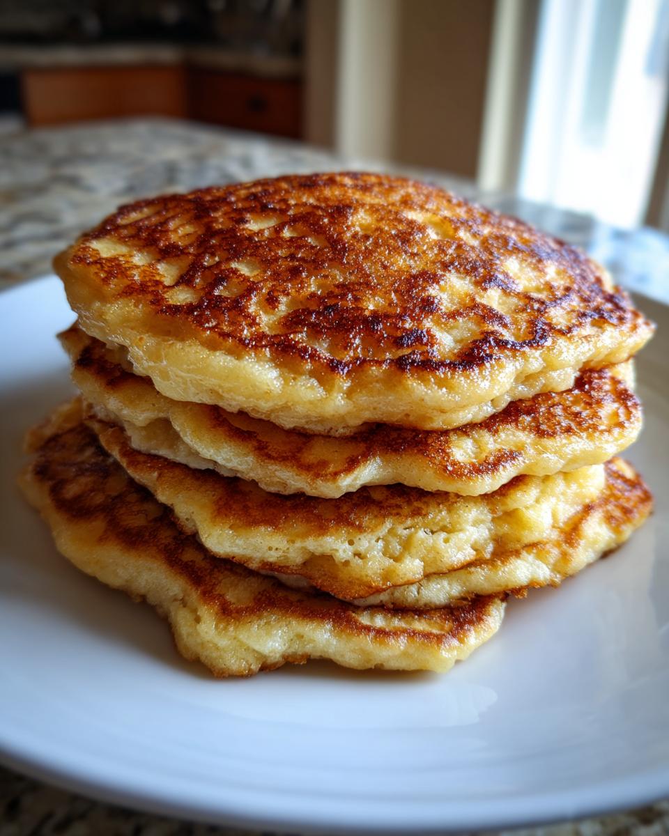 A tall stack of four perfectly cooked, fluffy banana pancakes with deeply golden, caramelized edges on a white plate.