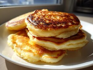 Close-up of a stack of thick, fluffy banana pancakes with golden-brown, caramelized tops served on a white plate.