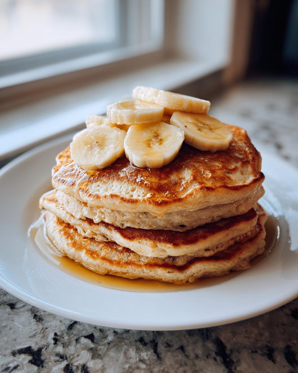 A tall stack of fluffy banana pancakes drizzled with syrup and topped with fresh banana slices.