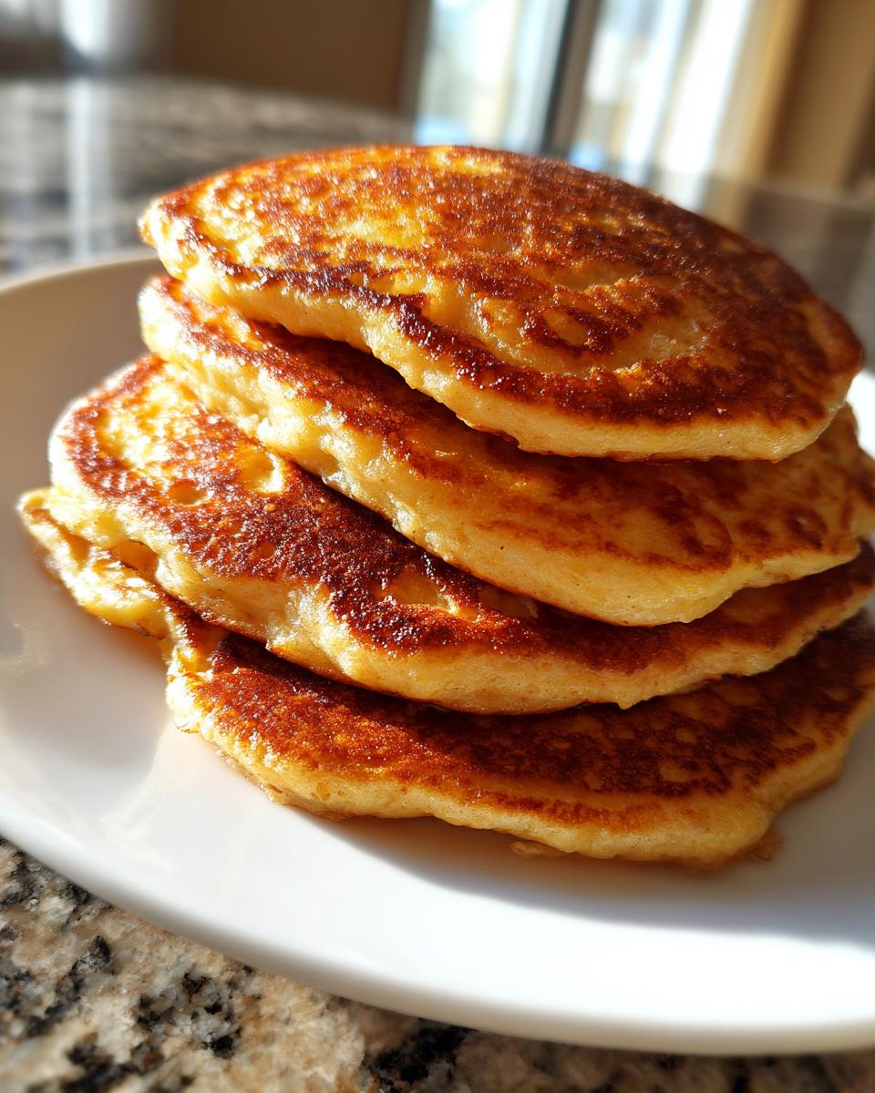 A close-up stack of four fluffy banana pancakes with perfectly golden-brown, slightly crispy edges, served on a white plate.
