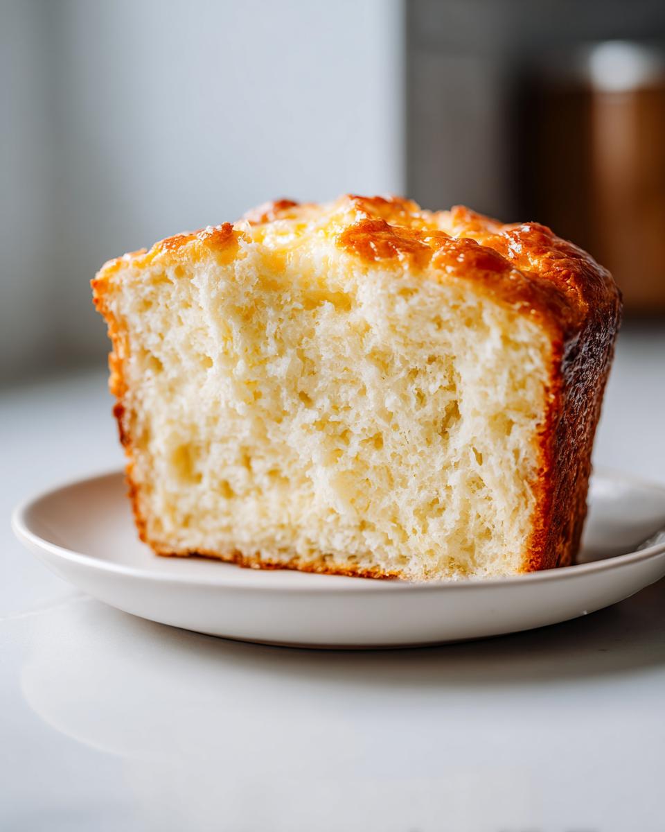 A close-up of a thick slice of fluffy, golden-crusted beer bread resting on a small white plate.