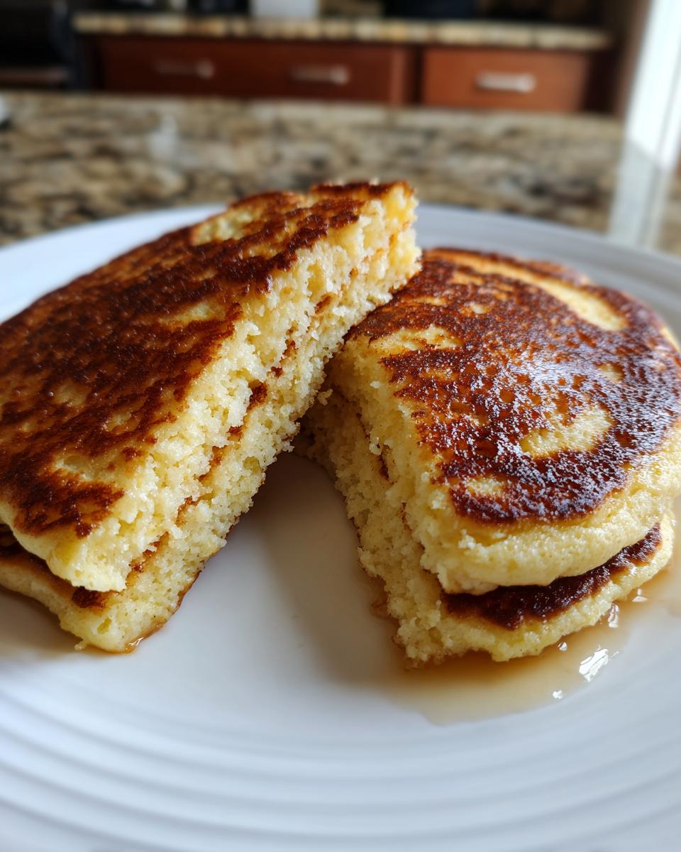 Close-up of fluffy coconut flour pancakes cut in half, showing the texture and golden-brown sear.