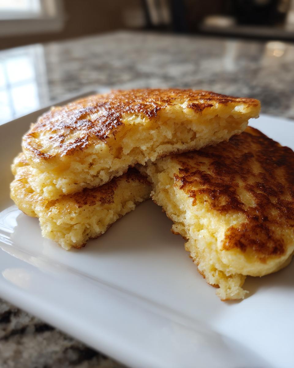Close-up showing the fluffy, golden interior texture of two coconut flour pancakes stacked and broken open.