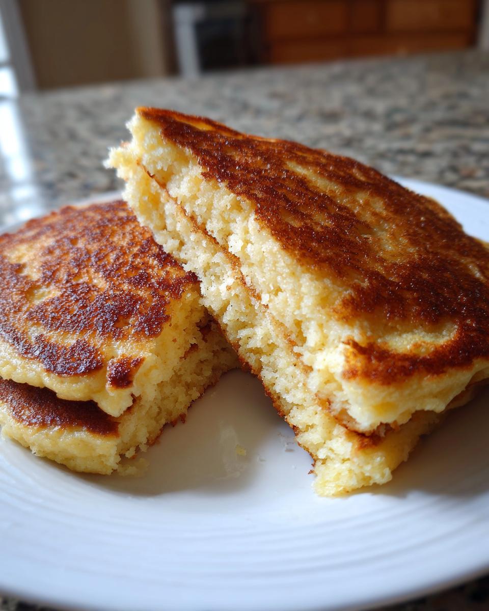 Close-up of fluffy coconut flour pancakes cut in half, showing the golden brown exterior and soft texture.