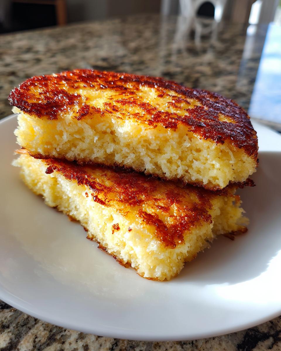 Two thick, golden-brown coconut flour pancakes stacked on a white plate, showing a fluffy interior.