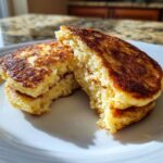 Close-up of fluffy coconut flour pancakes stacked and broken open to show the interior texture.