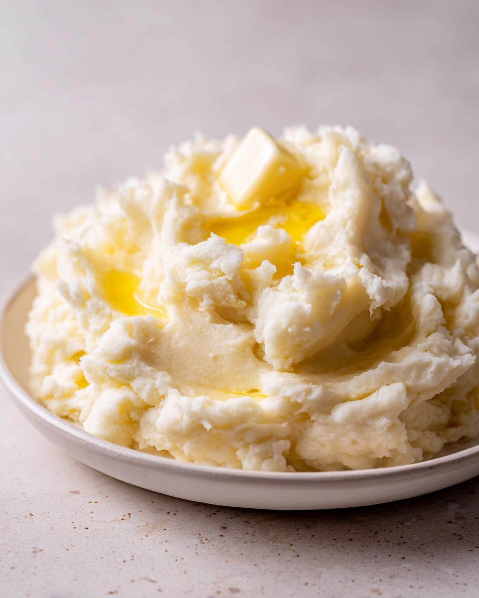 A close-up of creamy, fluffy mashed potatoes topped with a melting pat of butter.