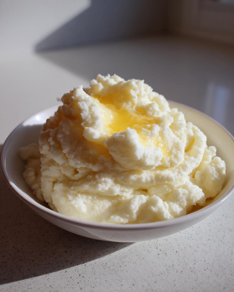 A close-up of fluffy, white mashed potatoes topped with a pool of melting butter in a white bowl.