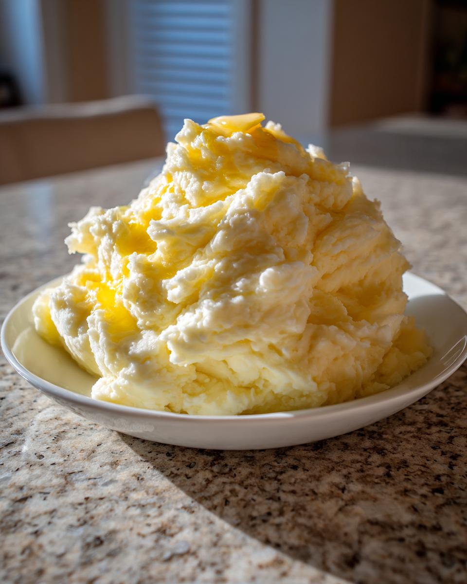 A generous mound of fluffy mashed potatoes topped with melting butter, served in a white bowl.