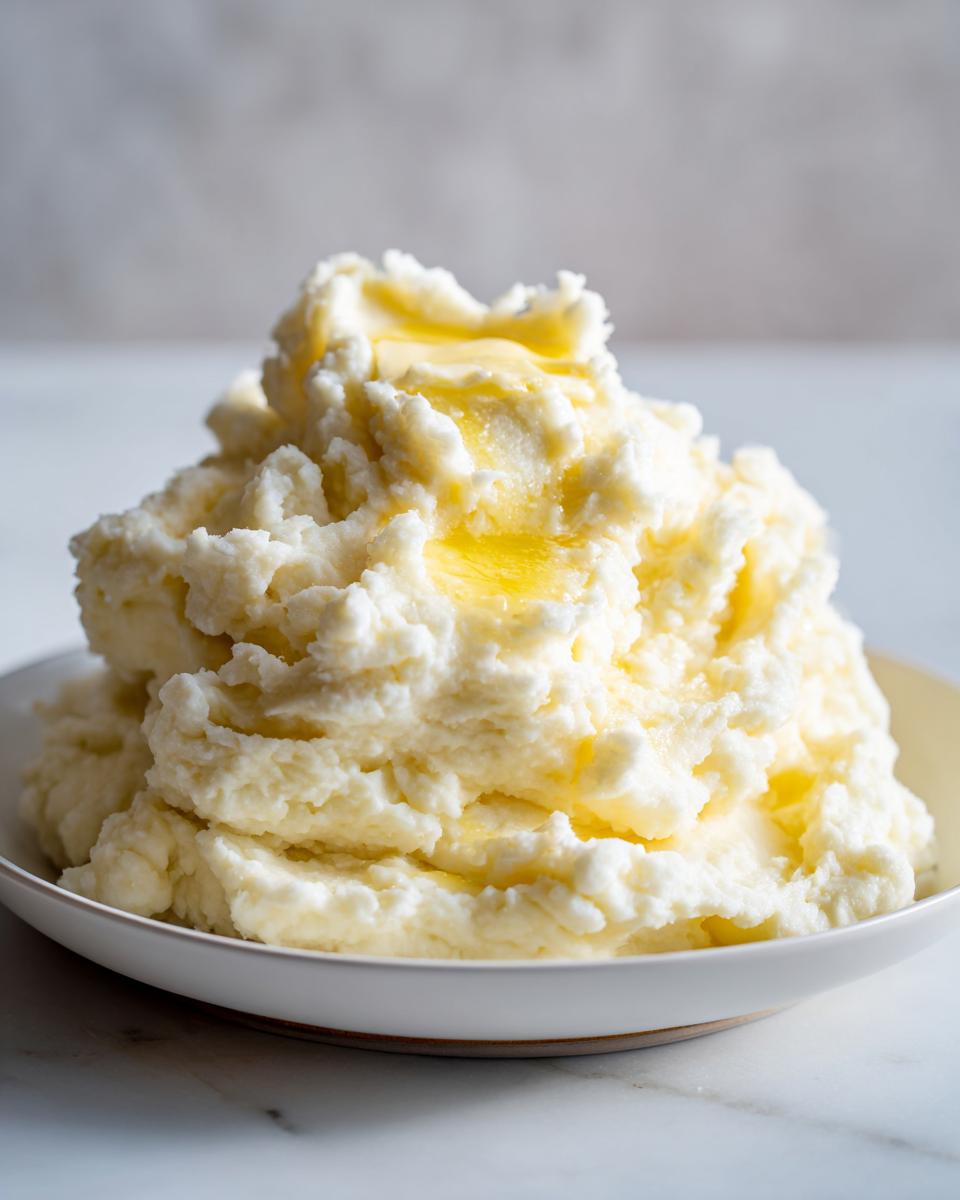 A generous serving of fluffy, creamy mashed potatoes topped with pools of melted butter in a white bowl.