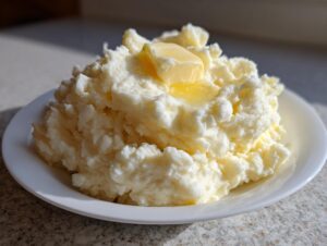 A generous serving of fluffy, creamy mashed potatoes topped with a melting pat of butter.
