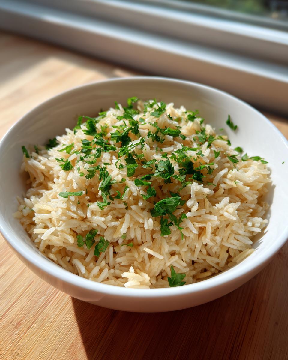 A white bowl filled with perfectly cooked, fluffy rice pilaf, garnished generously with chopped fresh parsley.