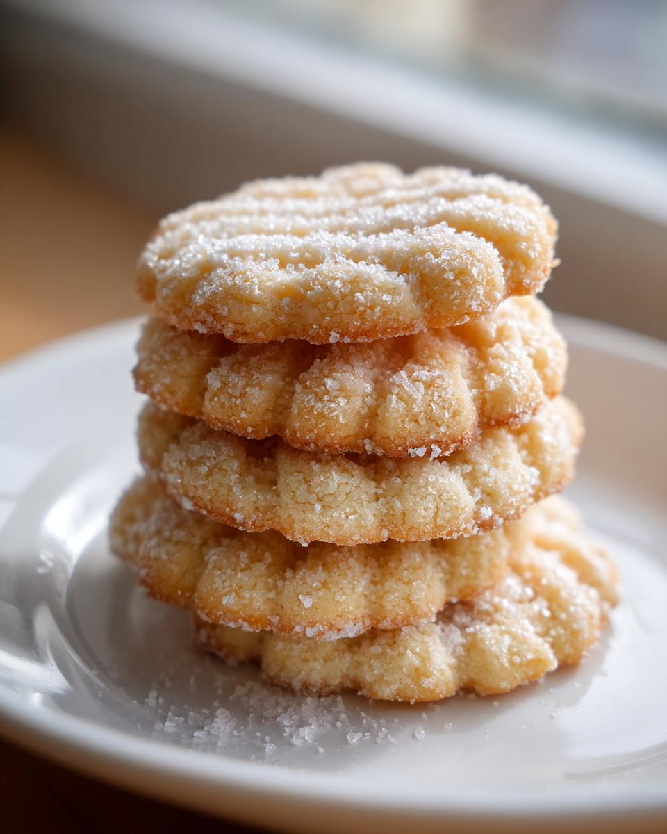 A stack of four golden, fluted butter cookies generously coated with coarse sugar crystals.