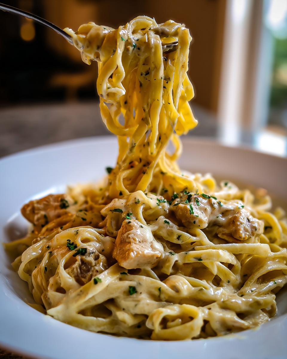 A fork lifting creamy fettuccine noodles and chunks of chicken from a bowl of chicken fettuccine alfredo.